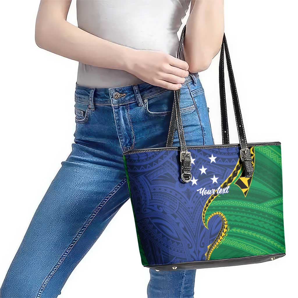 Solomon Islands Independence Day 1978 Personalised Leather Tote Bag Polynesian Pattern with Flag Style