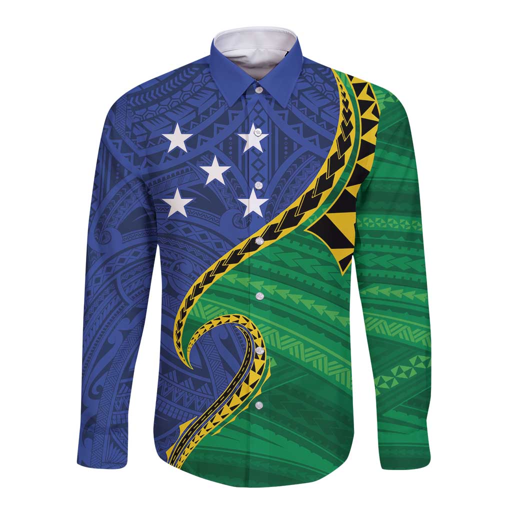 Solomon Islands Independence Day 1978 Personalised Long Sleeve Button Shirt Polynesian Pattern with Flag Style