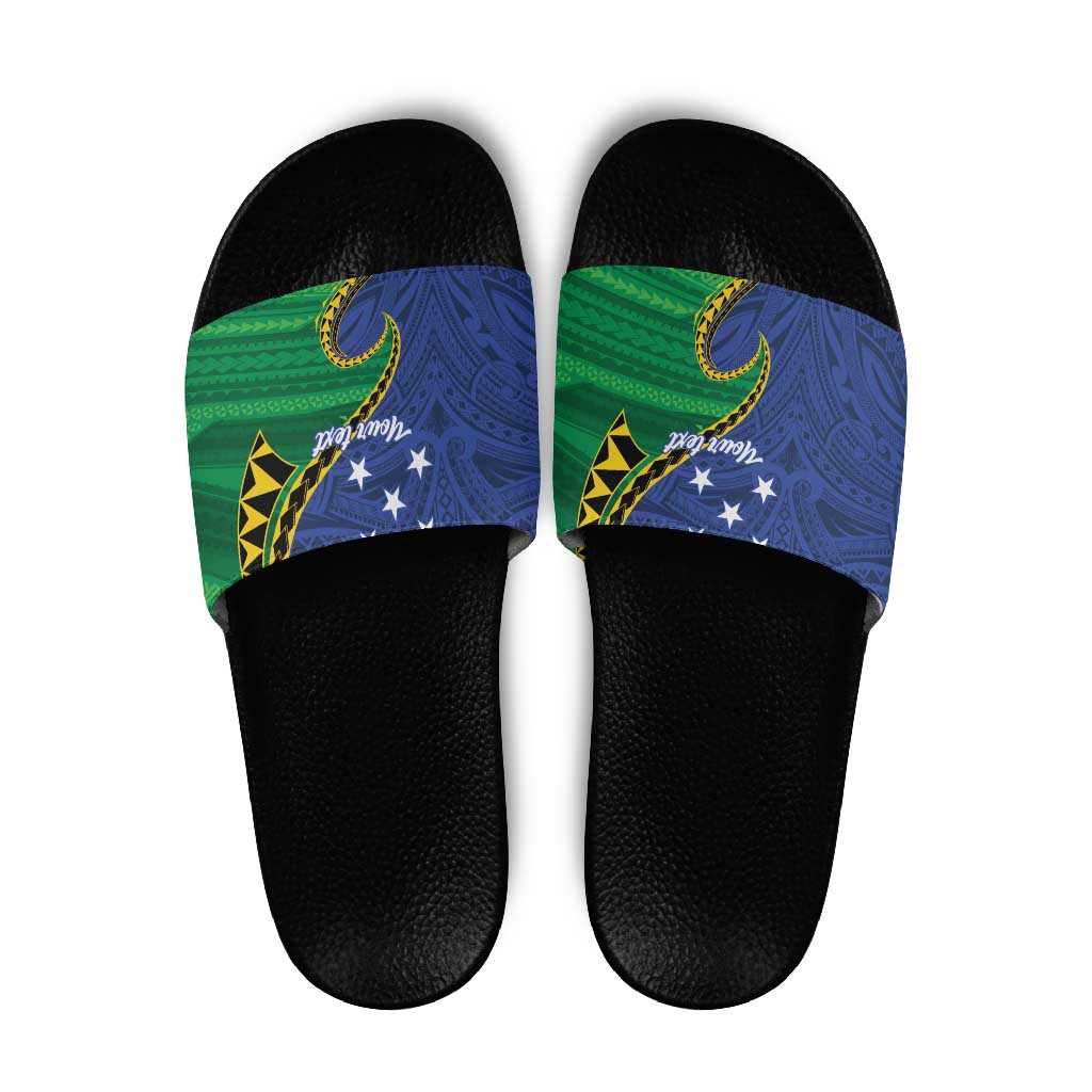 Solomon Islands Independence Day 1978 Personalised Slide Sandals Polynesian Pattern with Flag Style - Polynesian Pride