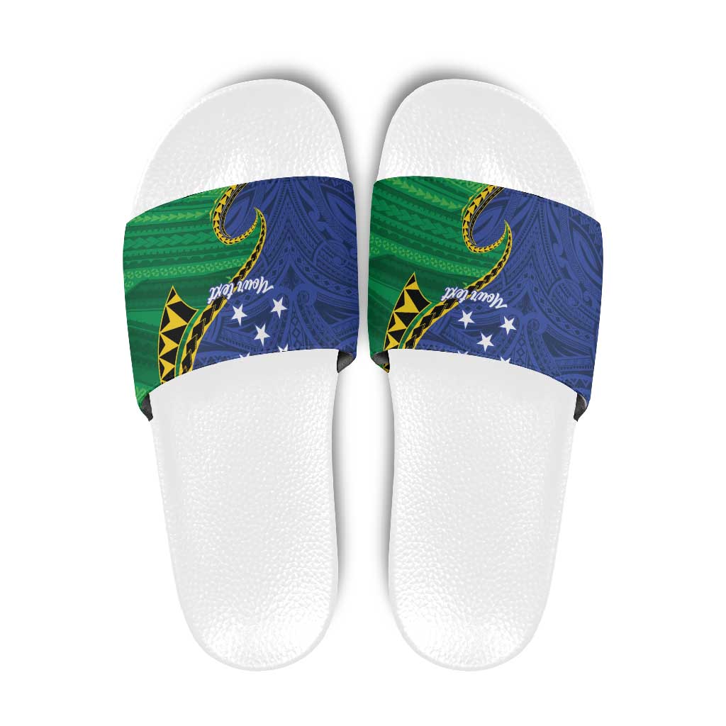Solomon Islands Independence Day 1978 Personalised Slide Sandals Polynesian Pattern with Flag Style - Polynesian Pride