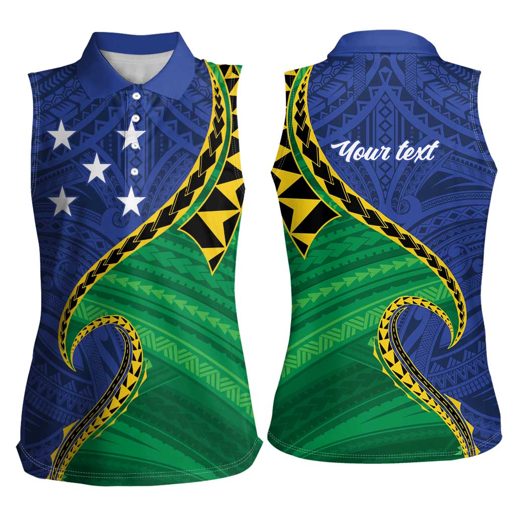 Solomon Islands Independence Day 1978 Personalised Women Sleeveless Polo Shirt Polynesian Pattern with Flag Style
