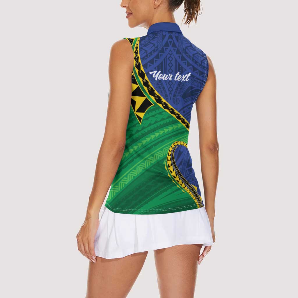 Solomon Islands Independence Day 1978 Personalised Women Sleeveless Polo Shirt Polynesian Pattern with Flag Style
