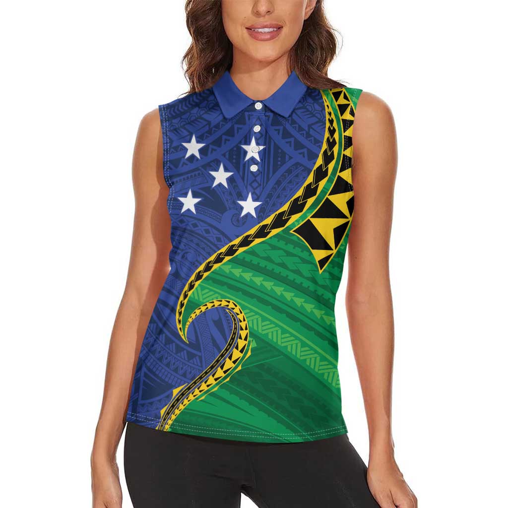 Solomon Islands Independence Day 1978 Personalised Women Sleeveless Polo Shirt Polynesian Pattern with Flag Style