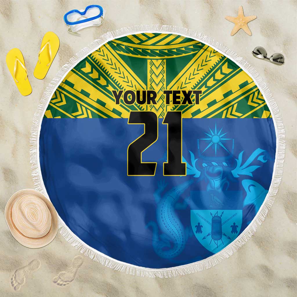 Solomon Islands Rugby Custom Beach Blanket Simple Coat of arm Polynesian Pattern
