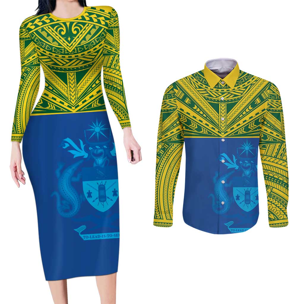 Solomon Islands Rugby Custom Couples Matching Long Sleeve Bodycon Dress and Long Sleeve Button Shirt Simple Coat of arm Polynesian Pattern