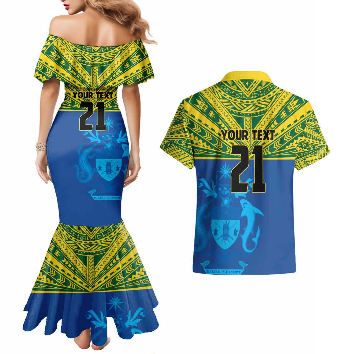 Solomon Islands Rugby Custom Couples Matching Mermaid Dress and Hawaiian Shirt Simple Coat of arm Polynesian Pattern