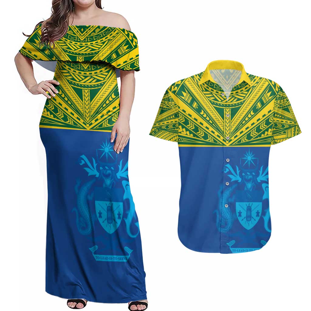 Solomon Islands Rugby Custom Couples Matching Off Shoulder Maxi Dress and Hawaiian Shirt Simple Coat of arm Polynesian Pattern