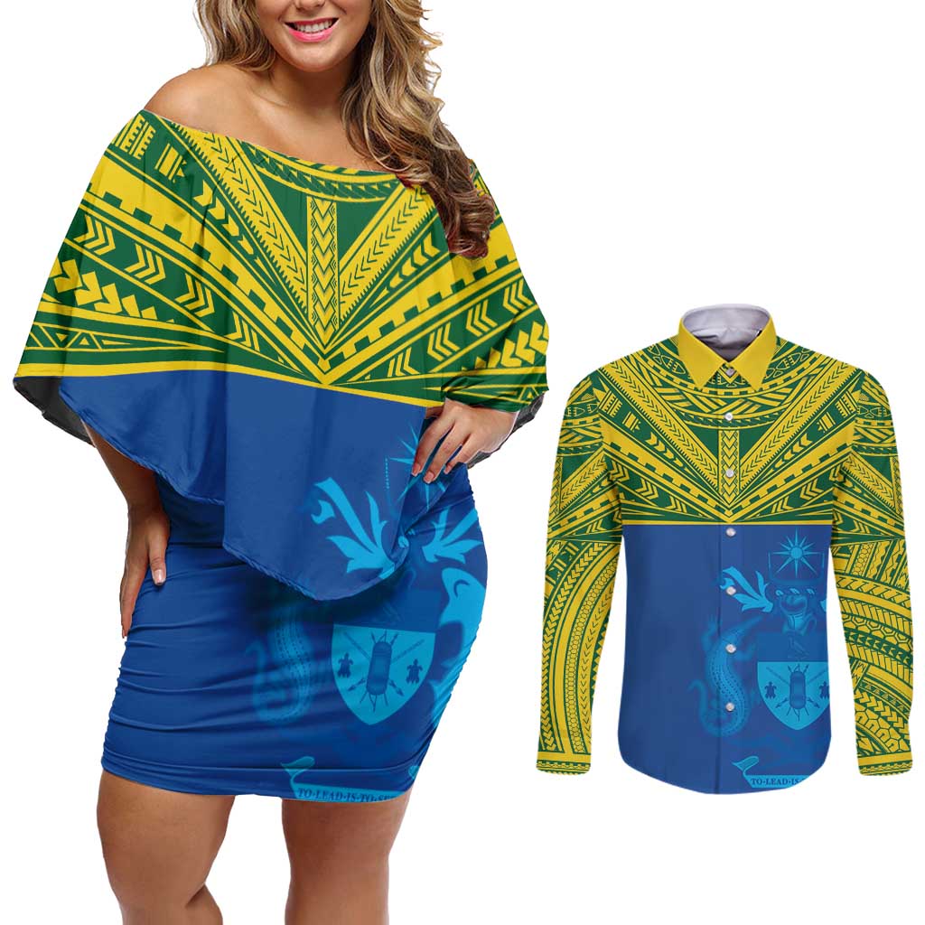 Solomon Islands Rugby Custom Couples Matching Off Shoulder Short Dress and Long Sleeve Button Shirt Simple Coat of arm Polynesian Pattern