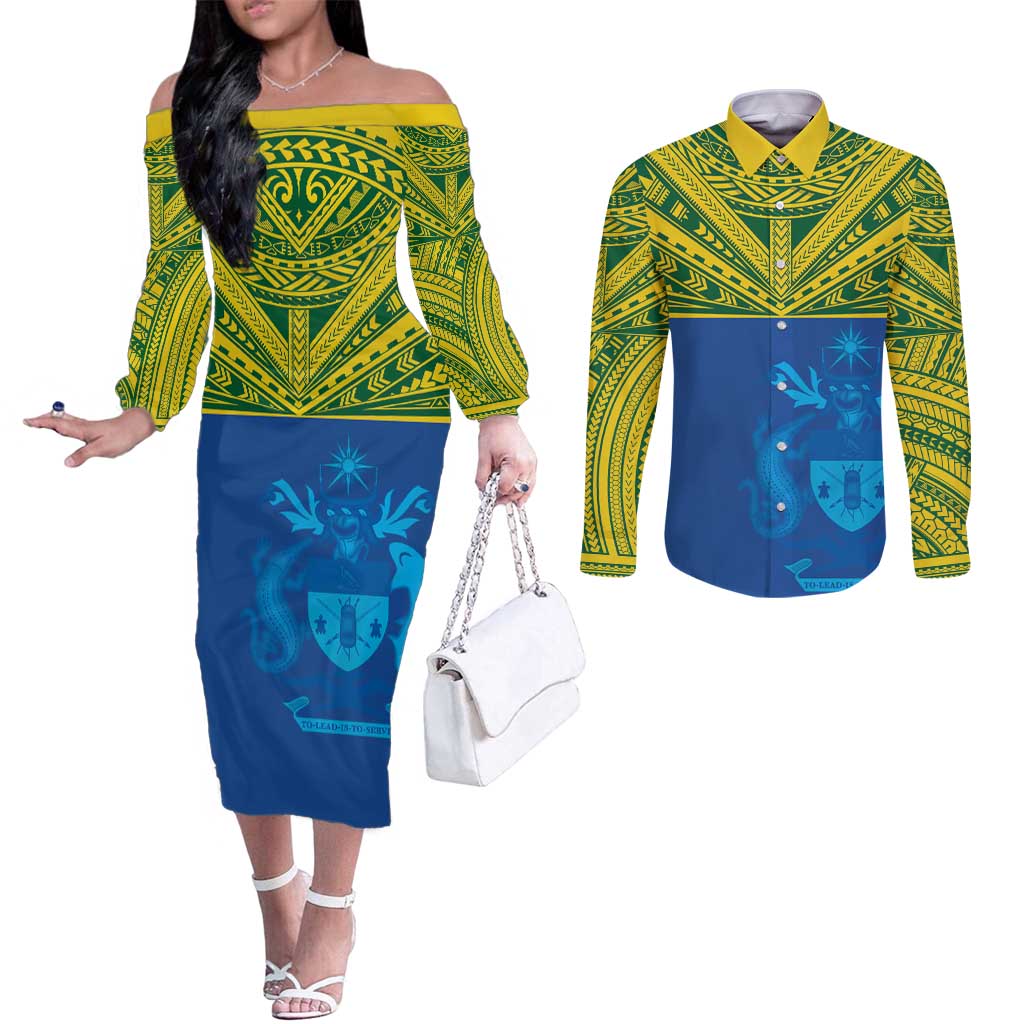 Solomon Islands Rugby Custom Couples Matching Off The Shoulder Long Sleeve Dress and Long Sleeve Button Shirt Simple Coat of arm Polynesian Pattern