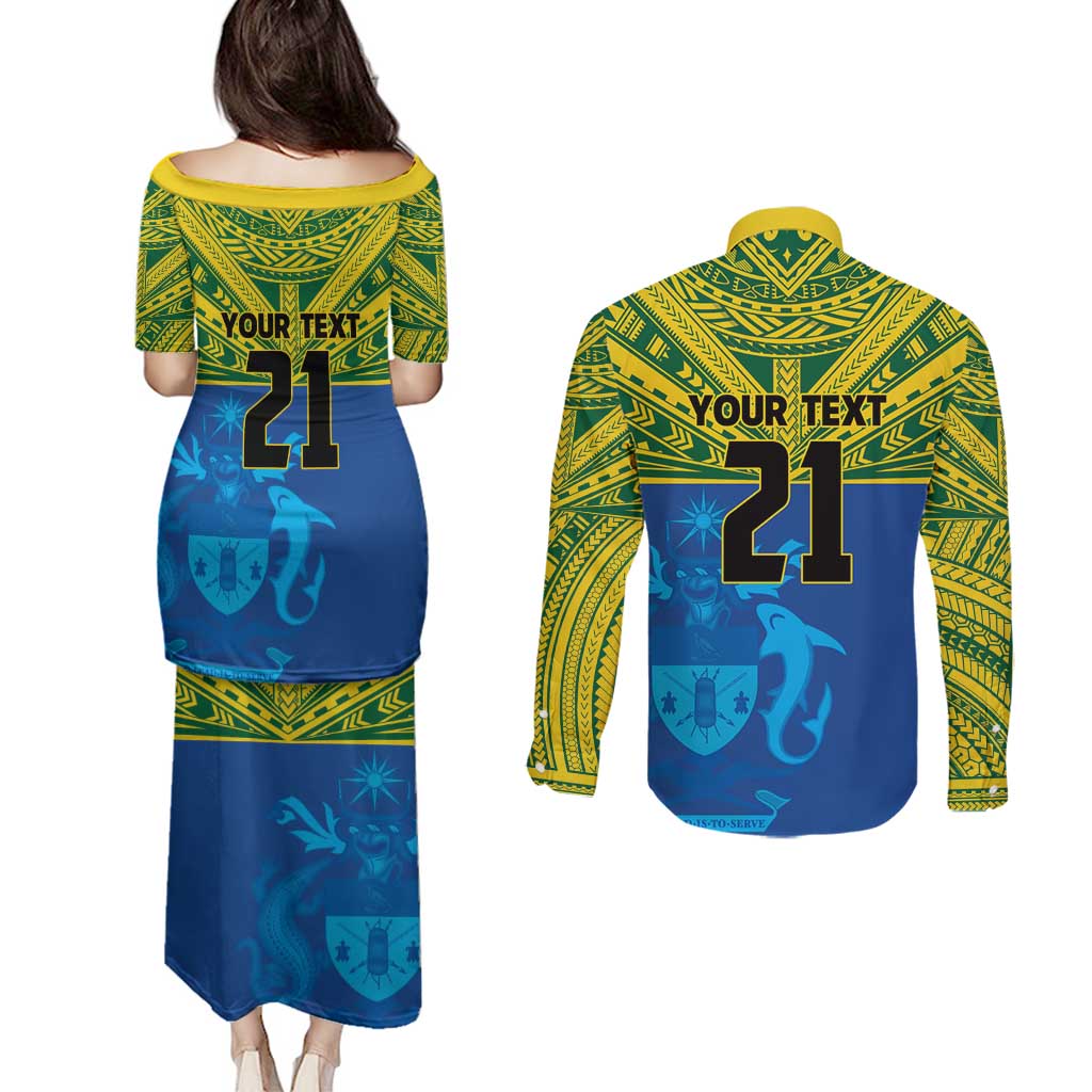 Solomon Islands Rugby Custom Couples Matching Puletasi and Long Sleeve Button Shirt Simple Coat of arm Polynesian Pattern
