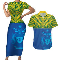 Solomon Islands Rugby Custom Couples Matching Short Sleeve Bodycon Dress and Hawaiian Shirt Simple Coat of arm Polynesian Pattern