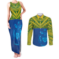 Solomon Islands Rugby Custom Couples Matching Tank Maxi Dress and Long Sleeve Button Shirt Simple Coat of arm Polynesian Pattern