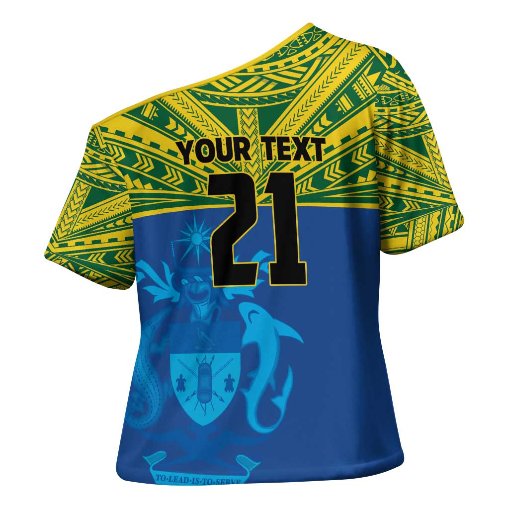 Solomon Islands Rugby Custom Cross Shoulder Shirt Simple Coat of arm Polynesian Pattern - Polynesian Pride