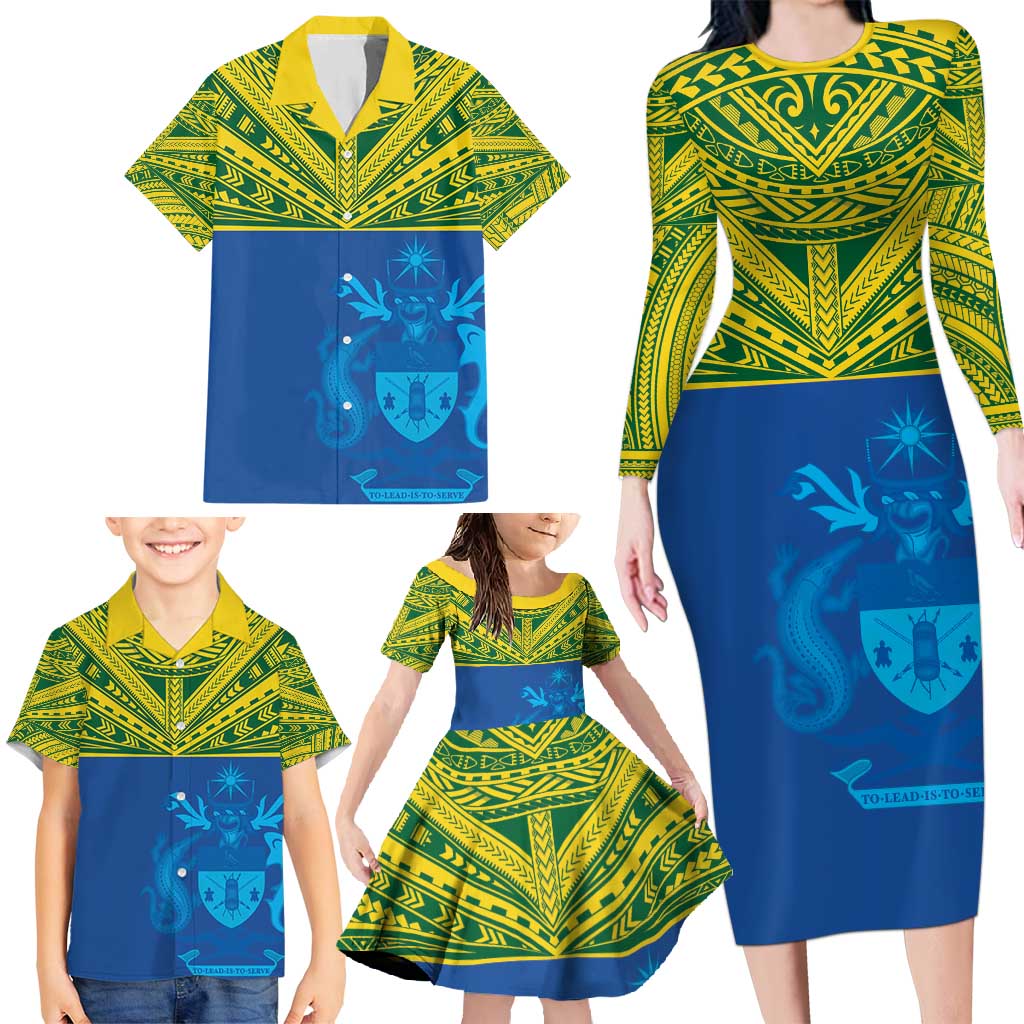 Solomon Islands Rugby Custom Family Matching Long Sleeve Bodycon Dress and Hawaiian Shirt Simple Coat of arm Polynesian Pattern