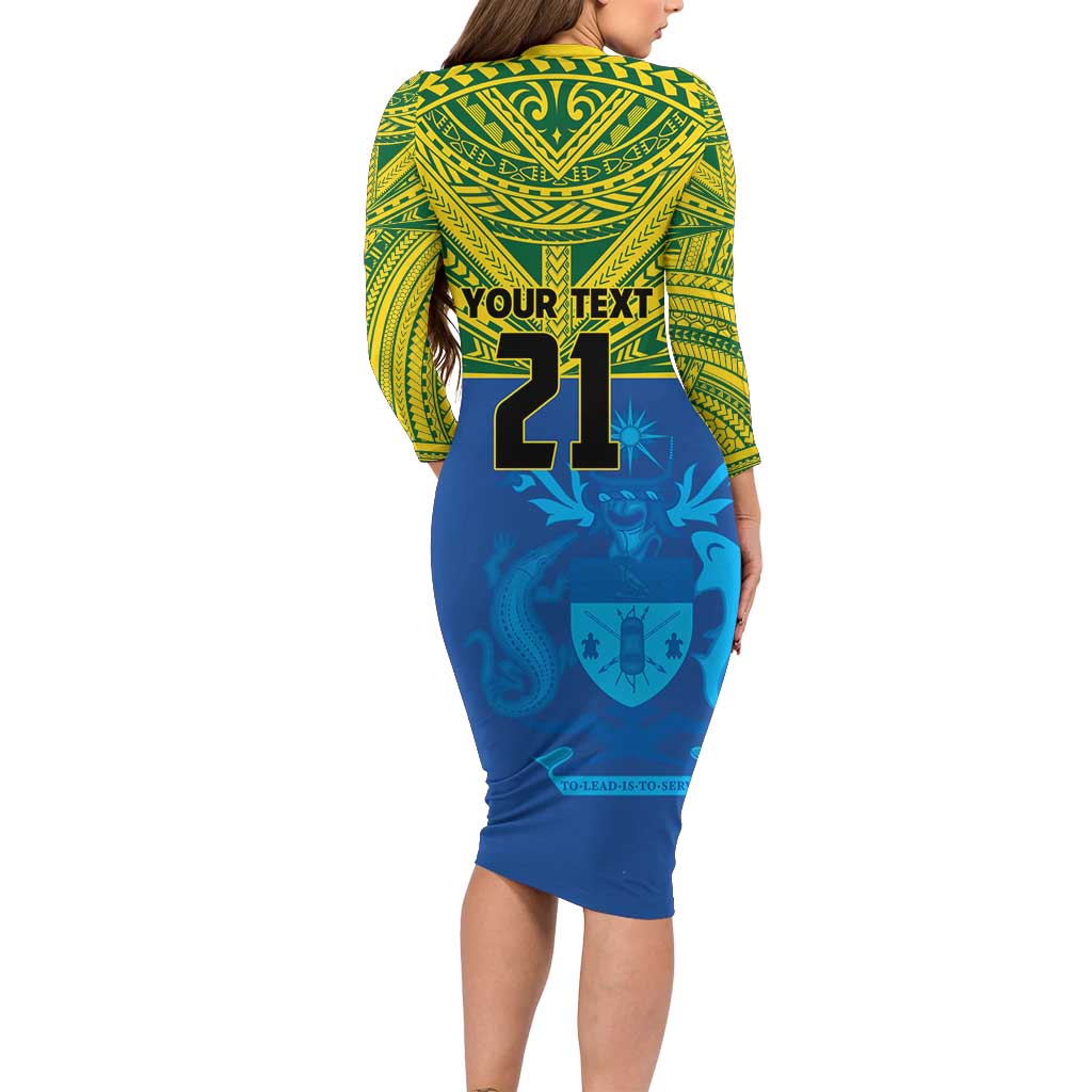 Solomon Islands Rugby Custom Family Matching Long Sleeve Bodycon Dress and Hawaiian Shirt Simple Coat of arm Polynesian Pattern