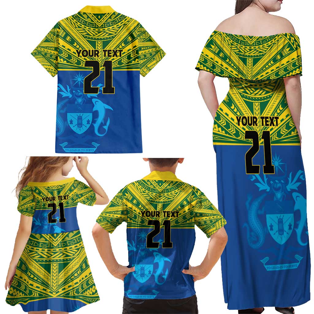 Solomon Islands Rugby Custom Family Matching Off Shoulder Maxi Dress and Hawaiian Shirt Simple Coat of arm Polynesian Pattern