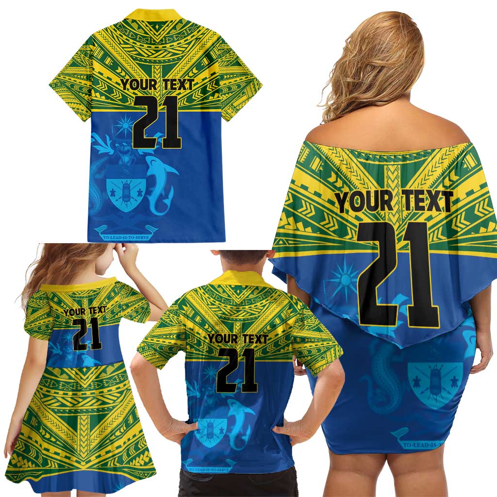 Solomon Islands Rugby Custom Family Matching Off Shoulder Short Dress and Hawaiian Shirt Simple Coat of arm Polynesian Pattern