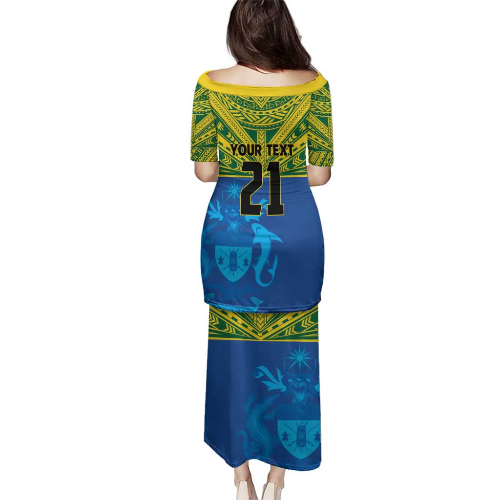 Solomon Islands Rugby Custom Family Matching Puletasi and Hawaiian Shirt Simple Coat of arm Polynesian Pattern