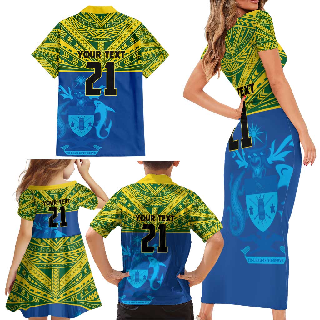 Solomon Islands Rugby Custom Family Matching Short Sleeve Bodycon Dress and Hawaiian Shirt Simple Coat of arm Polynesian Pattern