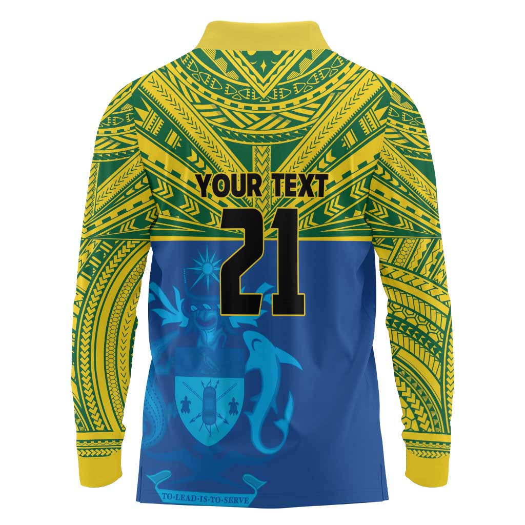 Solomon Islands Rugby Custom Long Sleeve Polo Shirt Simple Coat of arm Polynesian Pattern