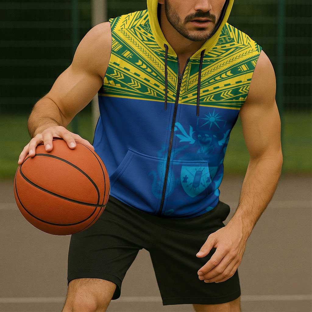 Solomon Islands Rugby Custom Sleeveless Zip Hoodie Simple Coat of arm Polynesian Pattern LT9 - Polynesian Pride