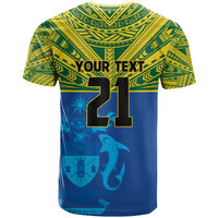 Solomon Islands Rugby Custom T Shirt Simple Coat of arm Polynesian Pattern