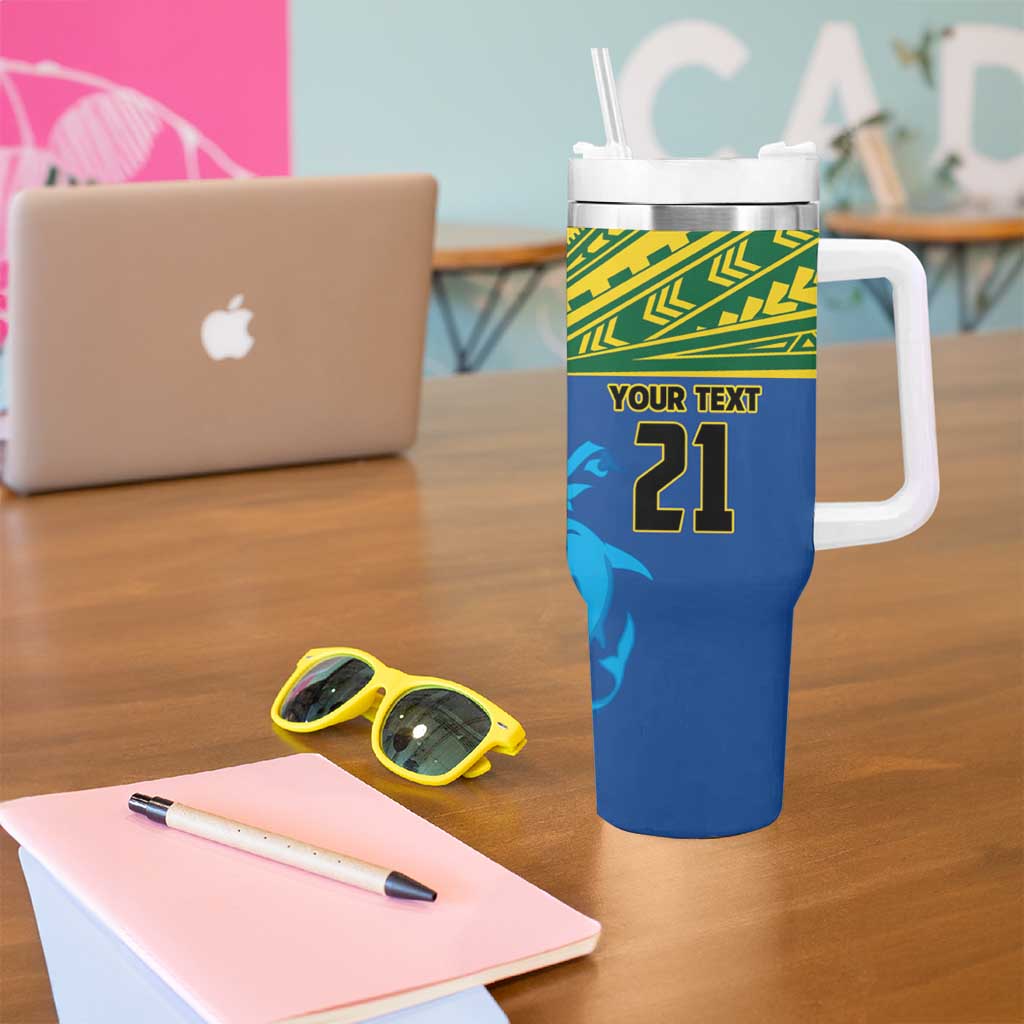 Solomon Islands Rugby Custom Tumbler With Handle Simple Coat of arm Polynesian Pattern