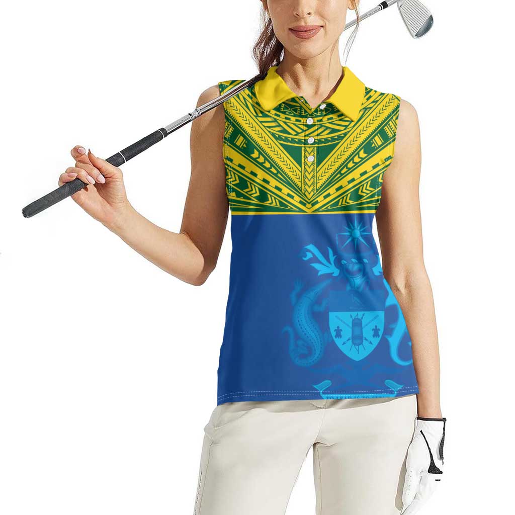 Solomon Islands Rugby Custom Women Sleeveless Polo Shirt Simple Coat of arm Polynesian Pattern