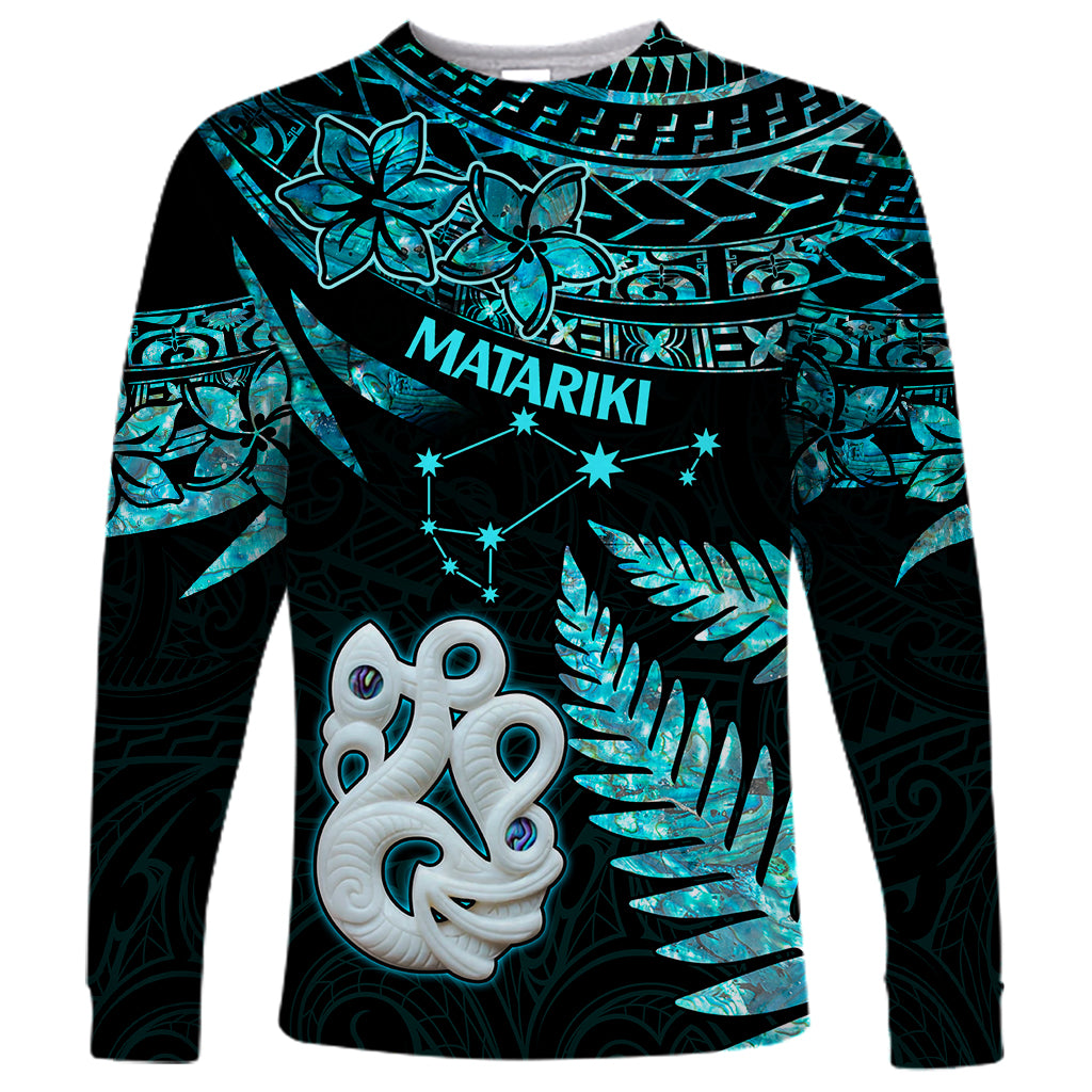 Matariki New Zealand Long Sleeve Shirt Maori Manaia with Paua Shell - Aqua LT9 Unisex Aqua - Polynesian Pride