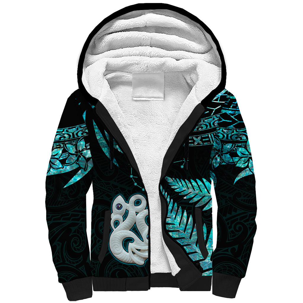 Matariki New Zealand Sherpa Hoodie Maori Manaia with Paua Shell - Aqua LT9 Unisex Aqua - Polynesian Pride