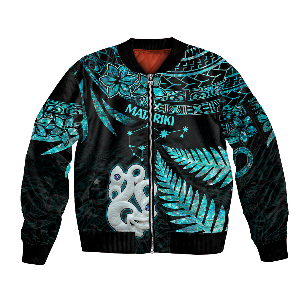 Matariki New Zealand Sleeve Zip Bomber Jacket Maori Manaia with Paua Shell - Aqua LT9 Unisex Aqua - Polynesian Pride