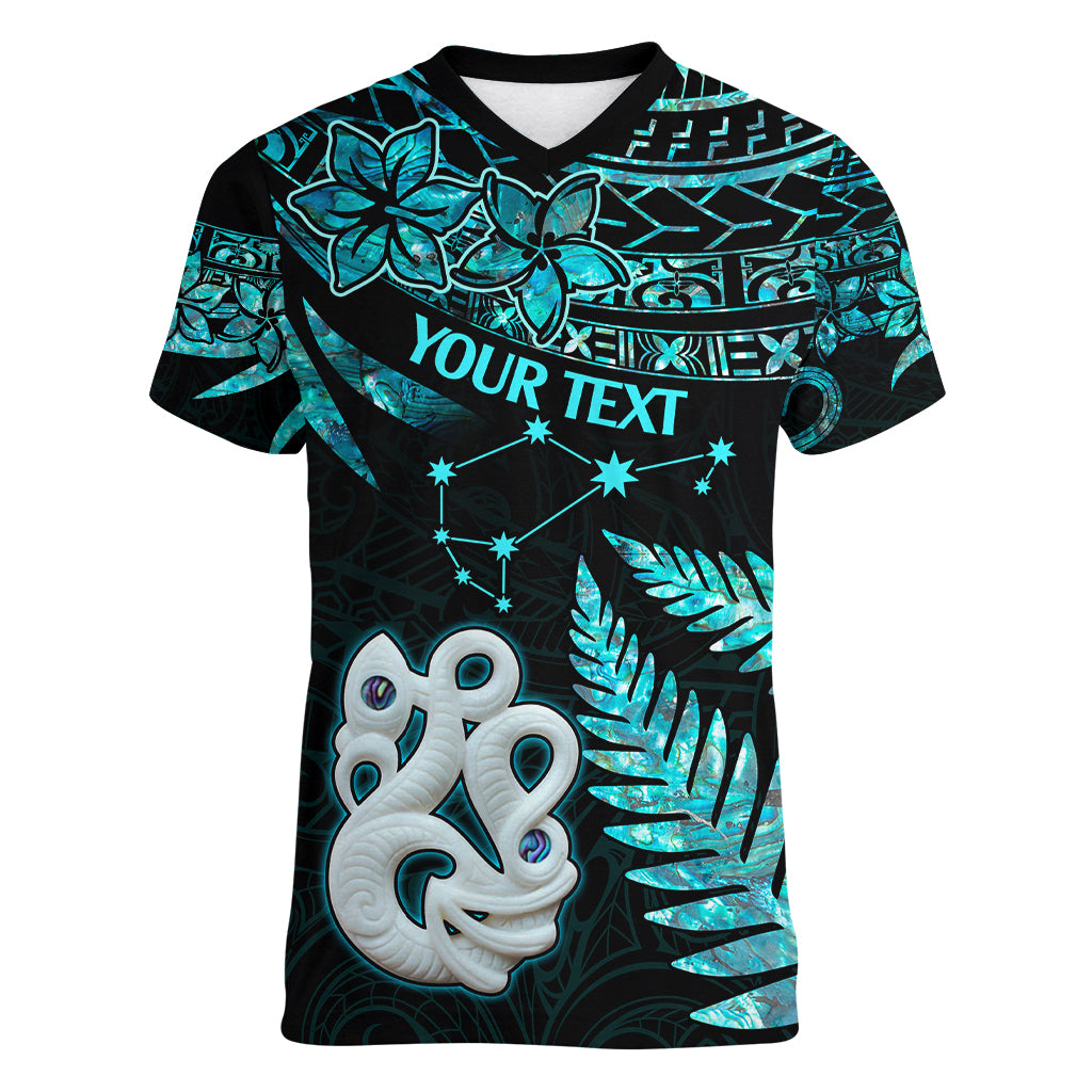 Custom Matariki New Zealand Women V Neck T Shirt Maori Manaia with Paua Shell - Aqua LT9 Female Aqua - Polynesian Pride