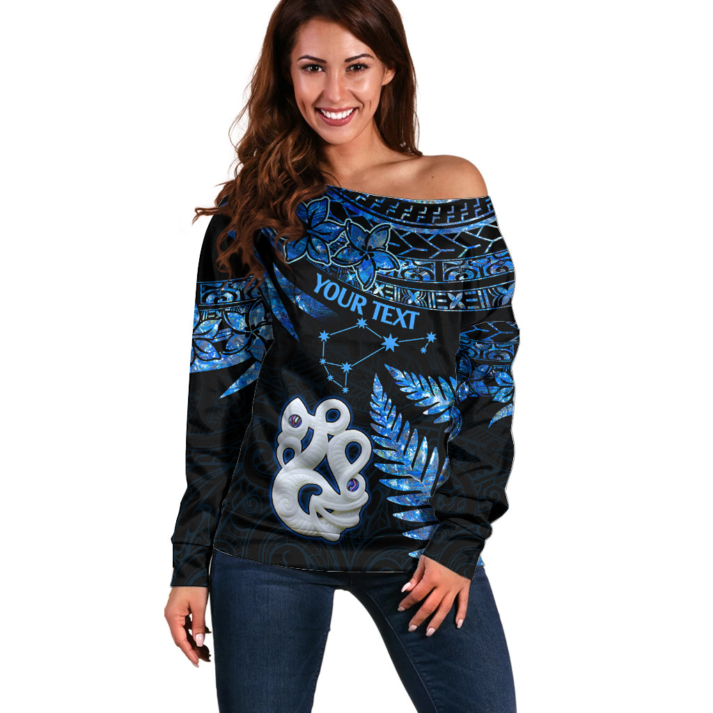 Custom Matariki New Zealand Off Shoulder Sweater Maori Manaia with Paua Shell - Blue LT9 Women Blue - Polynesian Pride