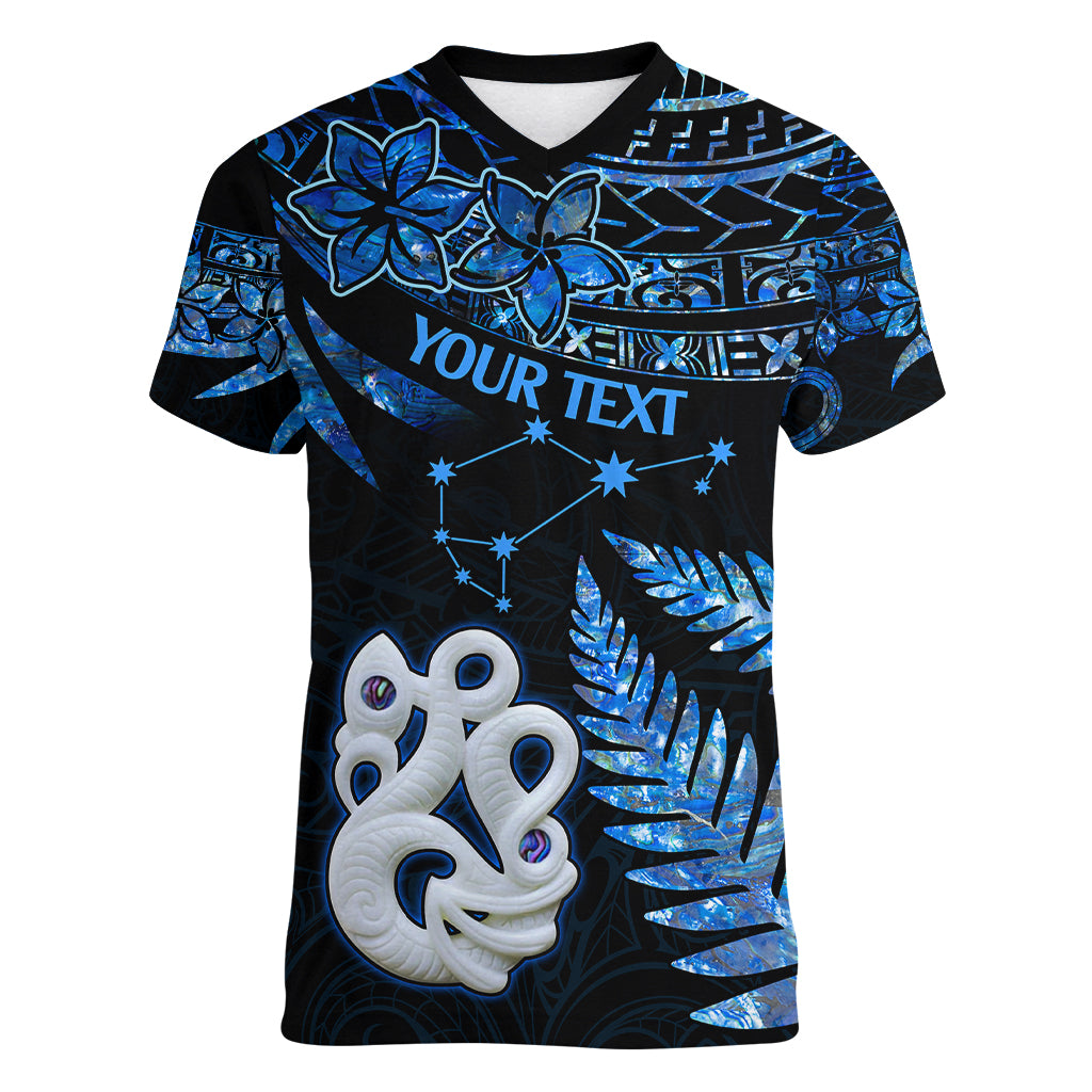 Custom Matariki New Zealand Women V Neck T Shirt Maori Manaia with Paua Shell - Blue LT9 Female Blue - Polynesian Pride