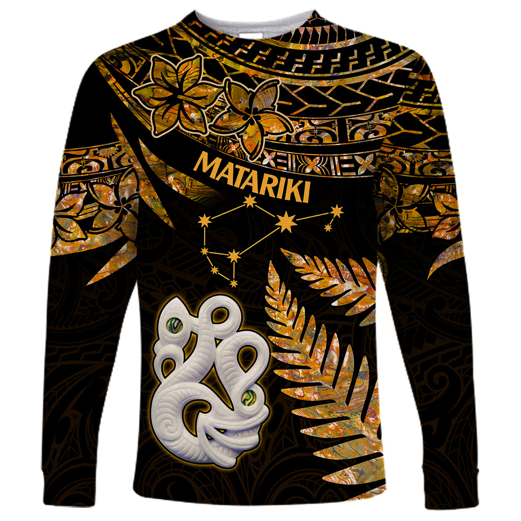 Maori Long Sleeve Shirt Matariki Stars Manaia with Paua Shell - Gold LT9 Unisex Gold - Polynesian Pride