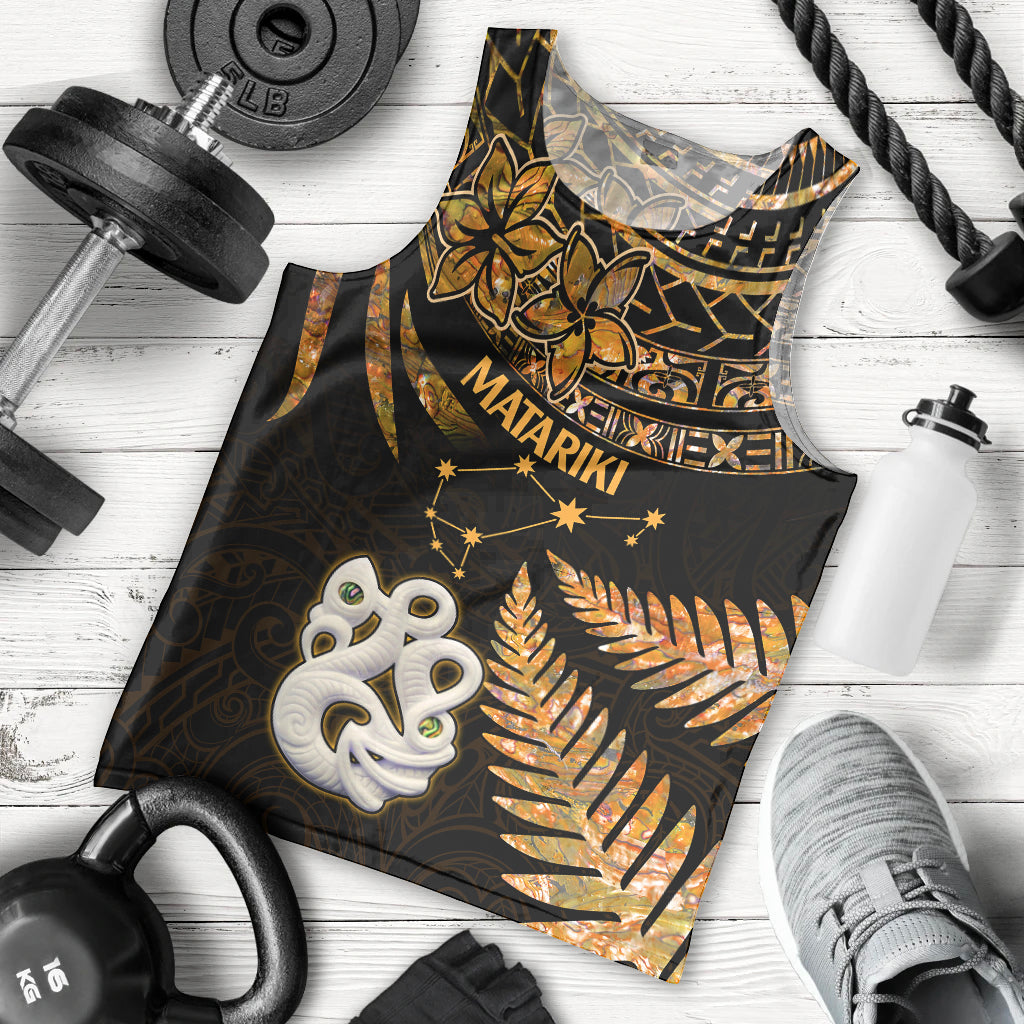 Maori Men Tank Top Matariki Stars Manaia with Paua Shell - Gold LT9 Gold - Polynesian Pride