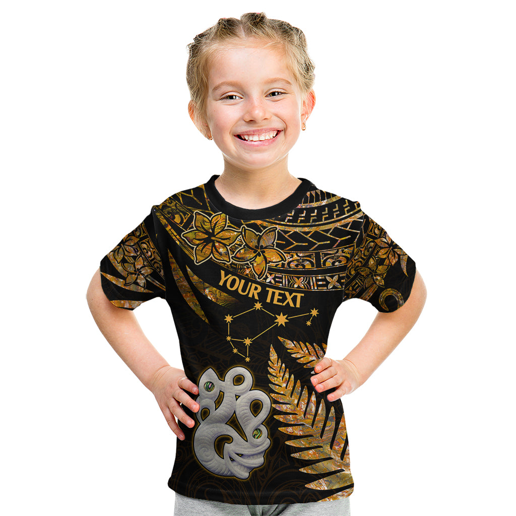 Custom Maori Kid T Shirt Matariki Stars Manaia with Paua Shell - Gold LT9 Gold - Polynesian Pride