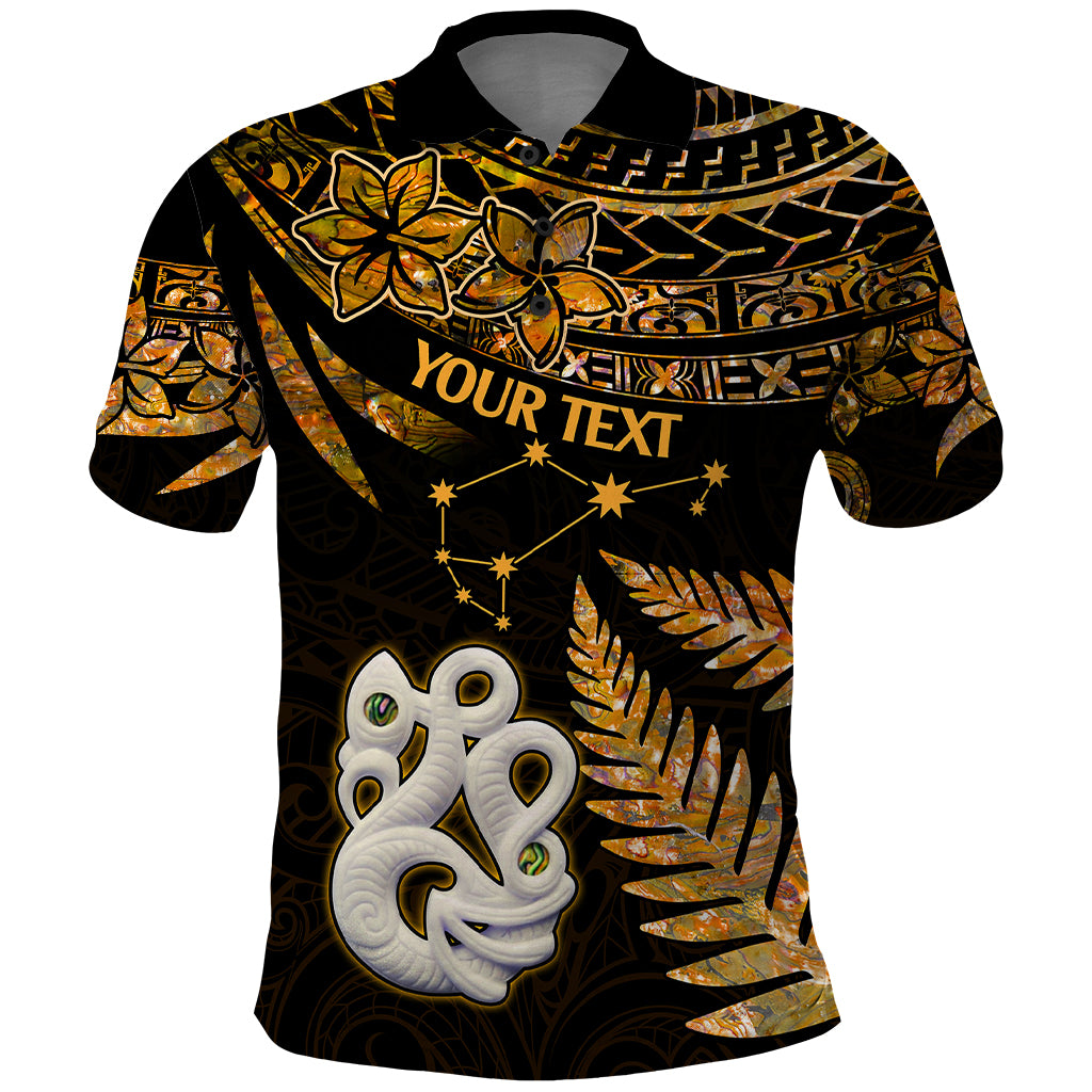 Custom Maori Polo Shirt Matariki Stars Manaia with Paua Shell Gold LT9 Gold - Polynesian Pride