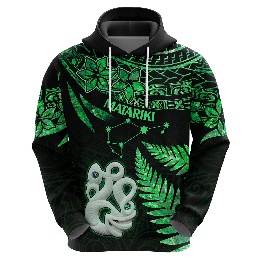 Maori Hoodie Matariki Stars Manaia with Paua Shell Green LT9 - Polynesian Pride