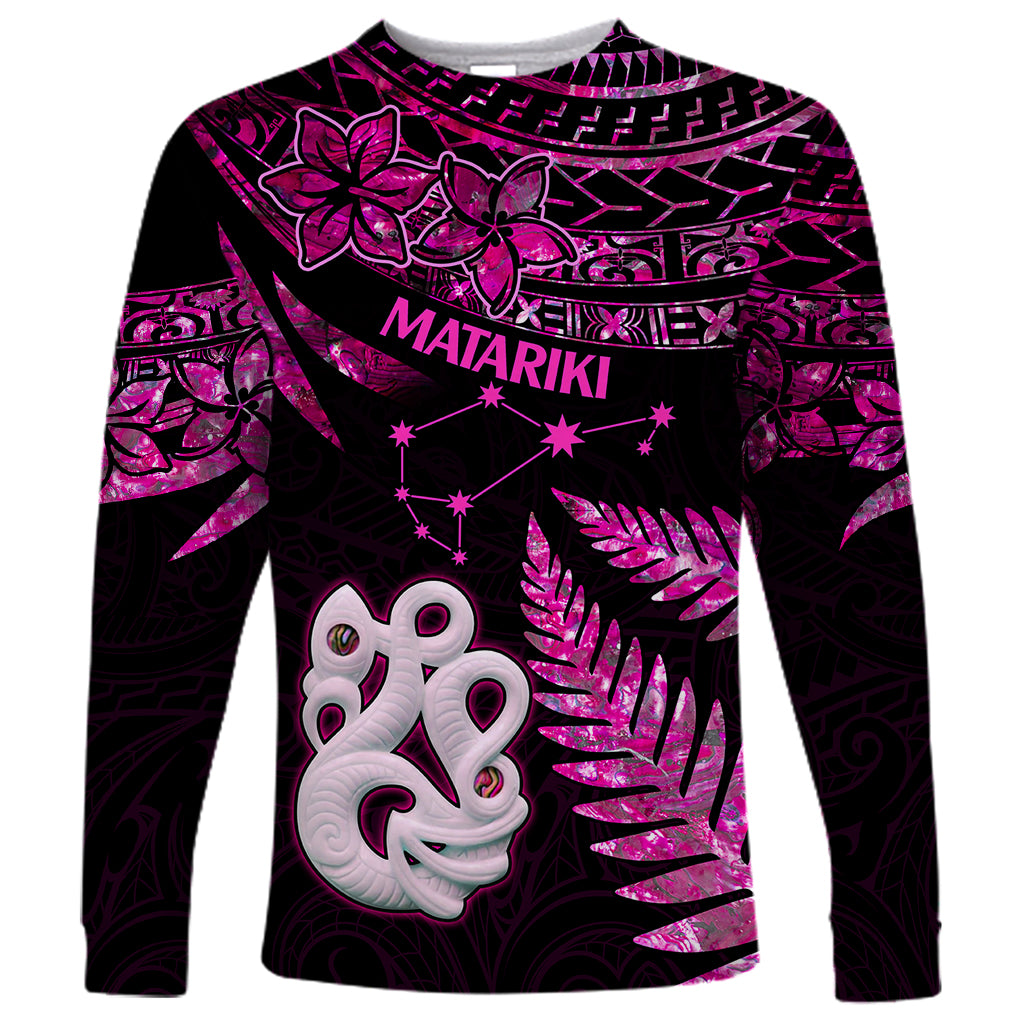 New Zealand Long Sleeve Shirt Matariki NZ Manaia with Paua Shell - Pink LT9 Unisex Pink - Polynesian Pride