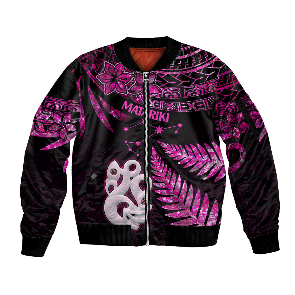 New Zealand Sleeve Zip Bomber Jacket Matariki NZ Manaia with Paua Shell - Pink LT9 Unisex Pink - Polynesian Pride