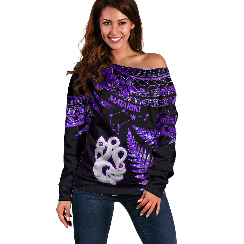 New Zealand Off Shoulder Sweater Matariki NZ Manaia with Paua Shell - Purple LT9 Women Purple - Polynesian Pride