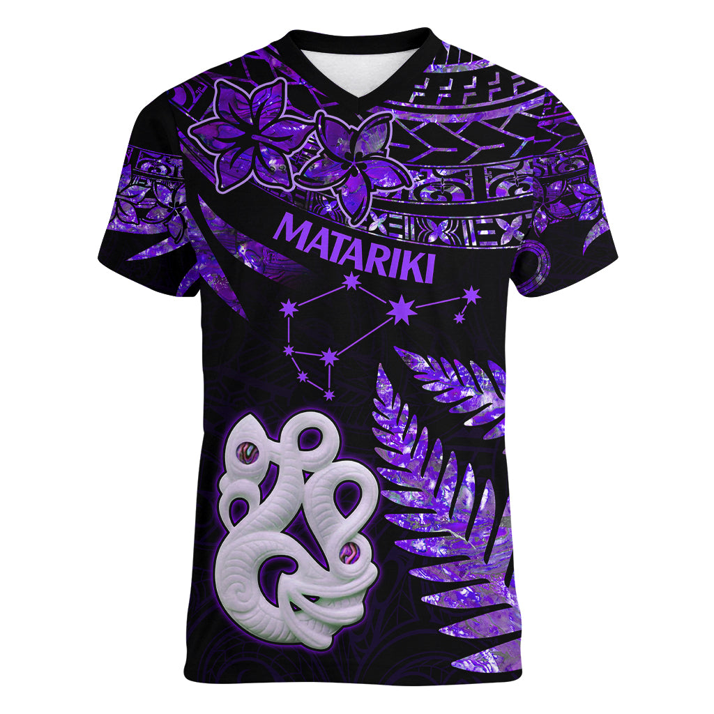 New Zealand Women V Neck T Shirt Matariki NZ Manaia with Paua Shell - Purple LT9 Female Purple - Polynesian Pride