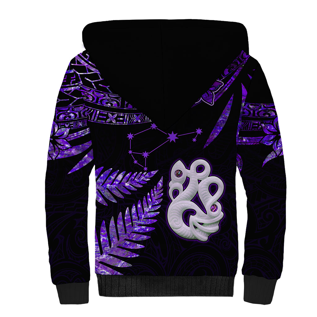 Custom New Zealand Sherpa Hoodie Matariki NZ Manaia with Paua Shell - Purple LT9 - Polynesian Pride