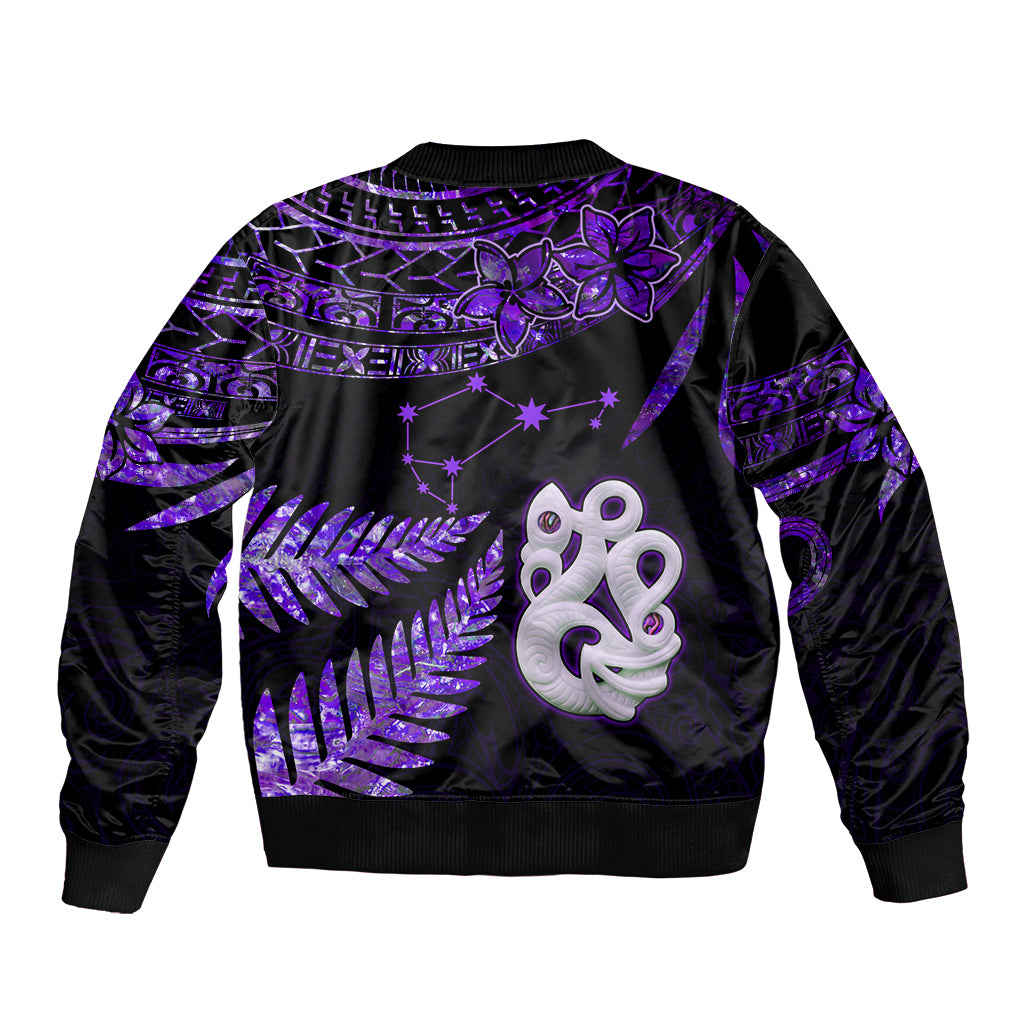 Custom New Zealand Sleeve Zip Bomber Jacket Matariki NZ Manaia with Paua Shell - Purple LT9 - Polynesian Pride