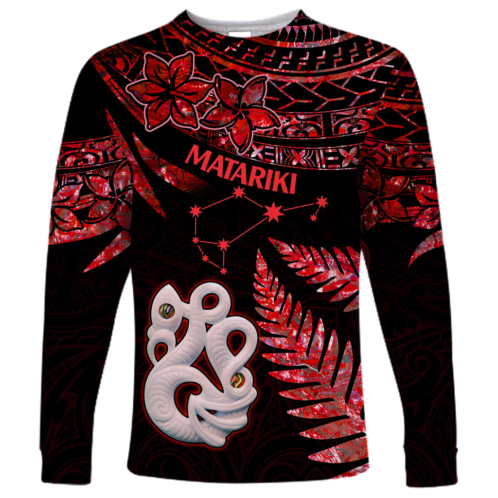 Matariki Long Sleeve Shirt NZ New Year Manaia with Paua Shell - Red LT9 Unisex Red - Polynesian Pride