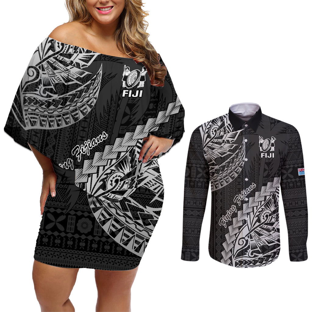 Fiji Rugby Couples Matching Off Shoulder Short Dress and Long Sleeve Button Shirt Kaiviti Fijian Tribal World Cup Black LT9 Black - Polynesian Pride