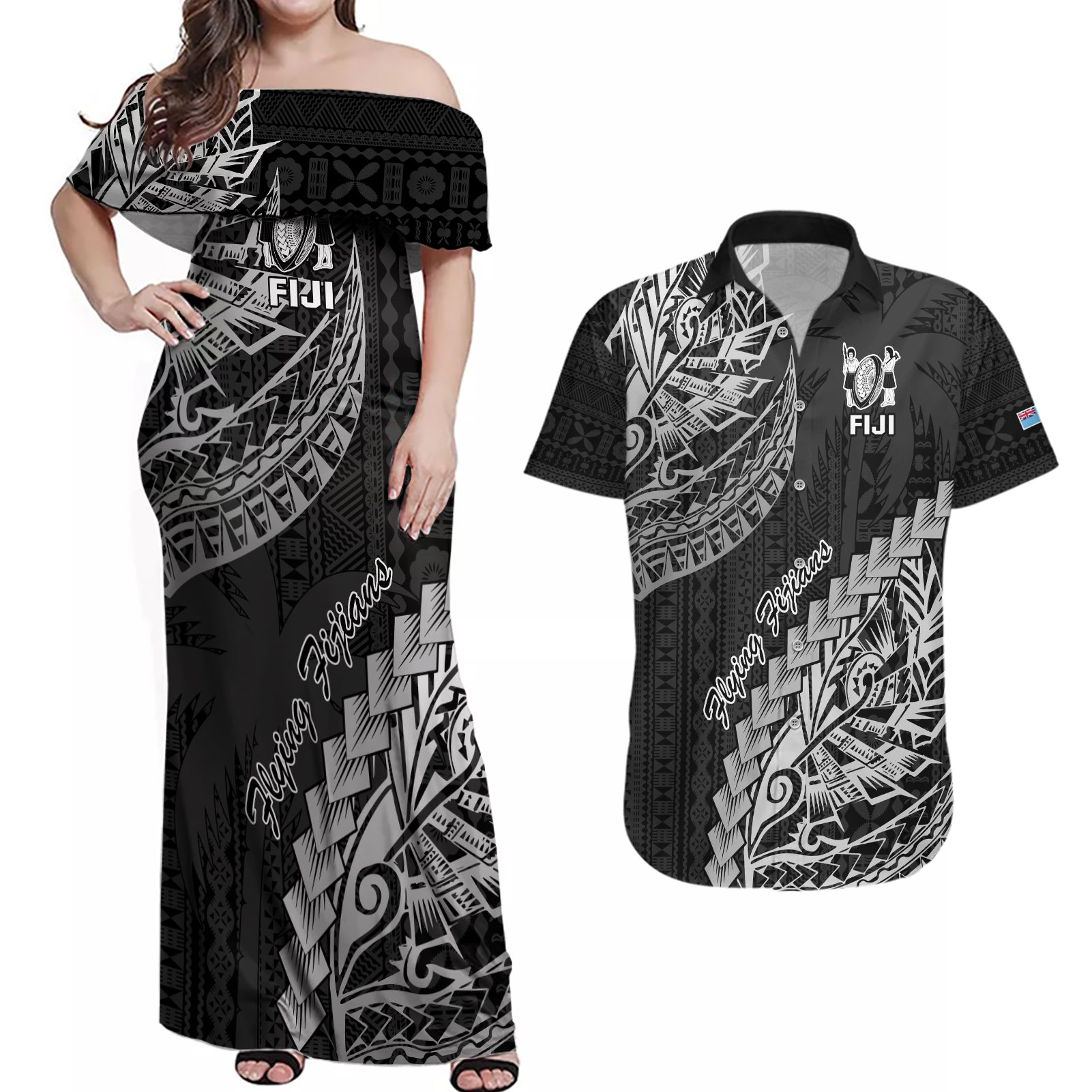 Fiji Rugby Couples Matching Off Shoulder Maxi Dress and Hawaiian Shirt Kaiviti Fijian Tribal World Cup Black LT9 Black - Polynesian Pride