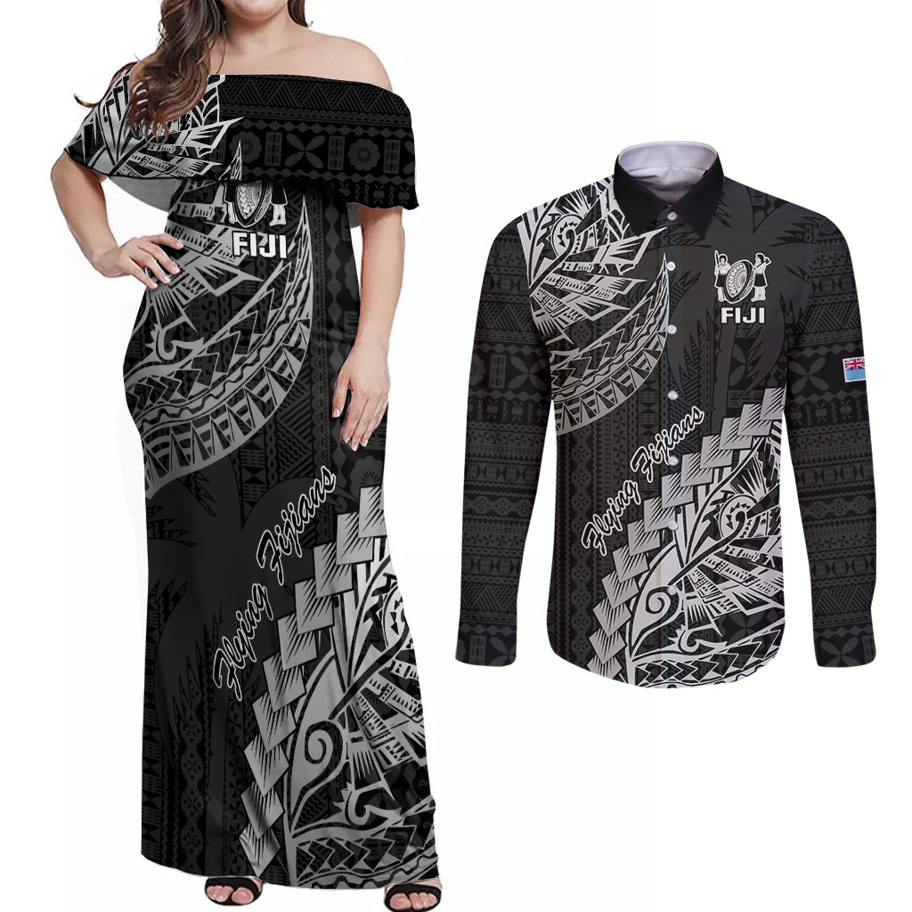 Fiji Rugby Couples Matching Off Shoulder Maxi Dress and Long Sleeve Button Shirt Kaiviti Fijian Tribal World Cup Black LT9 Black - Polynesian Pride