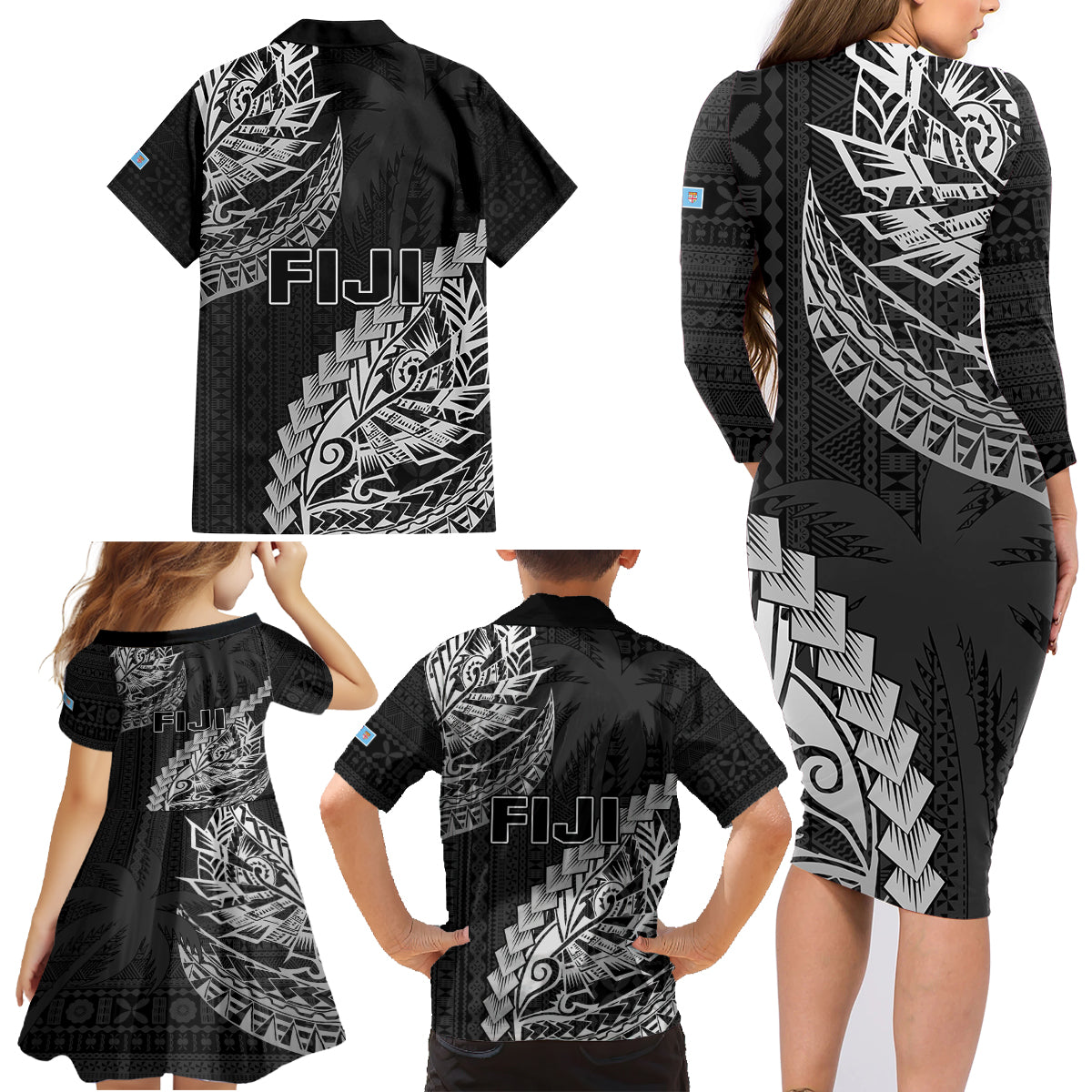 Fiji Rugby Family Matching Long Sleeve Bodycon Dress and Hawaiian Shirt Kaiviti Fijian Tribal World Cup Black LT9 - Polynesian Pride